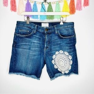 Current Elliot High Rise The Rolled Short Crochet Lace Denim Jean Shorts Frayed